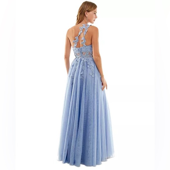 🌀Asymmetric Floral-Applique Sleeveless Prom Dress Gown in Light Blue Periwinkle - Picture 3 of 5